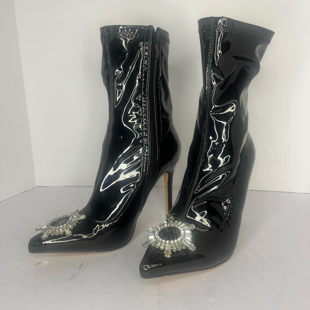 EGO Black Patent 10" Mid-Calf Ankle Boots US 8 UK6 Rhinestone Heels Party Glam